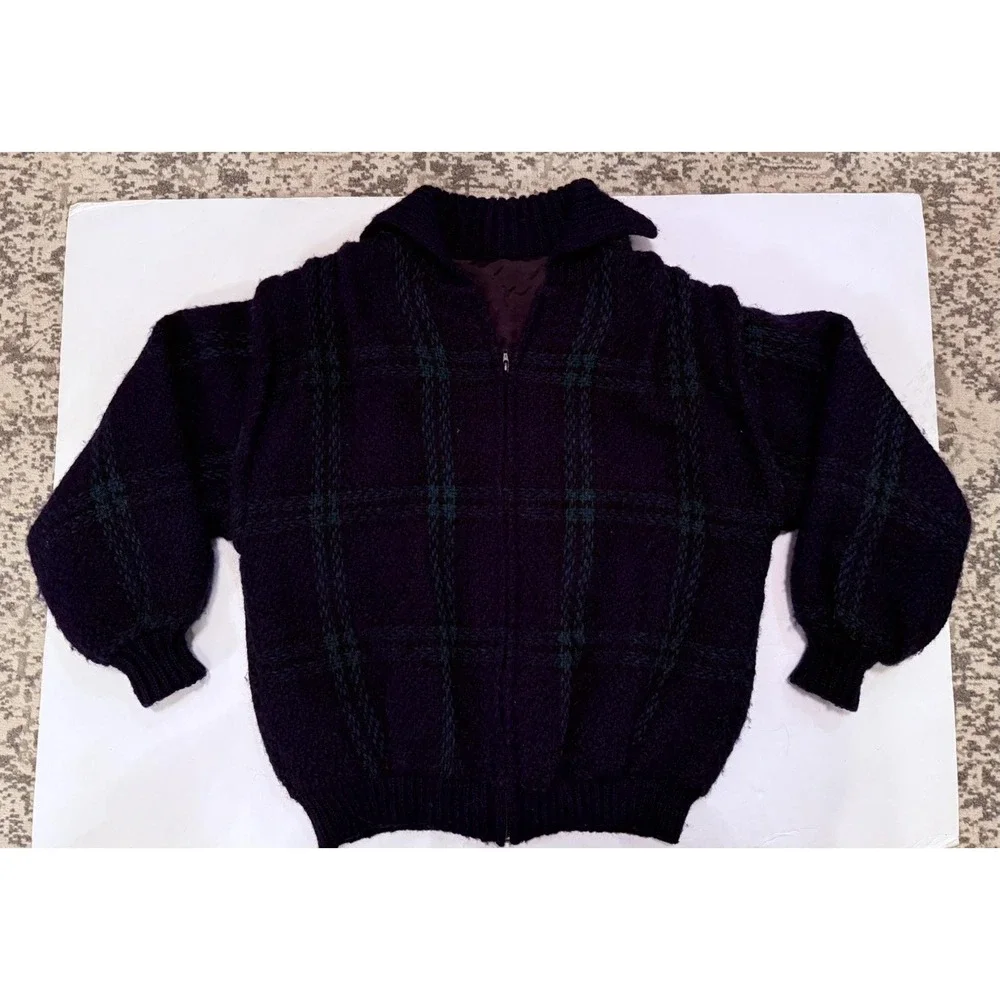 Branigan Weavers Wool Sweater M Green Blue Plaid Full Zip Ireland Vintage Knit